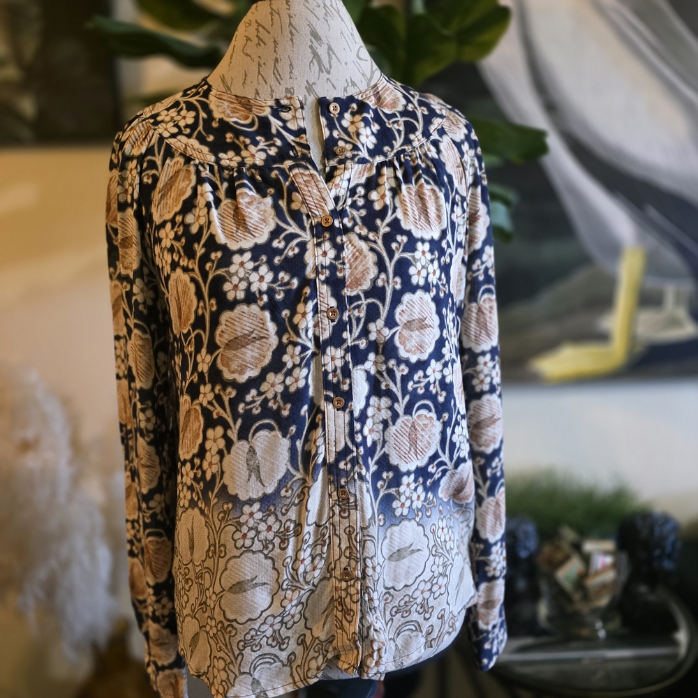 Maeve Navy and Beige Floral Boho Top